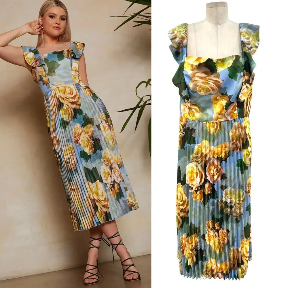 Chi Chi London Floral Print Ruffle‎ Pleated Midi Dress in Blue Curve US 16